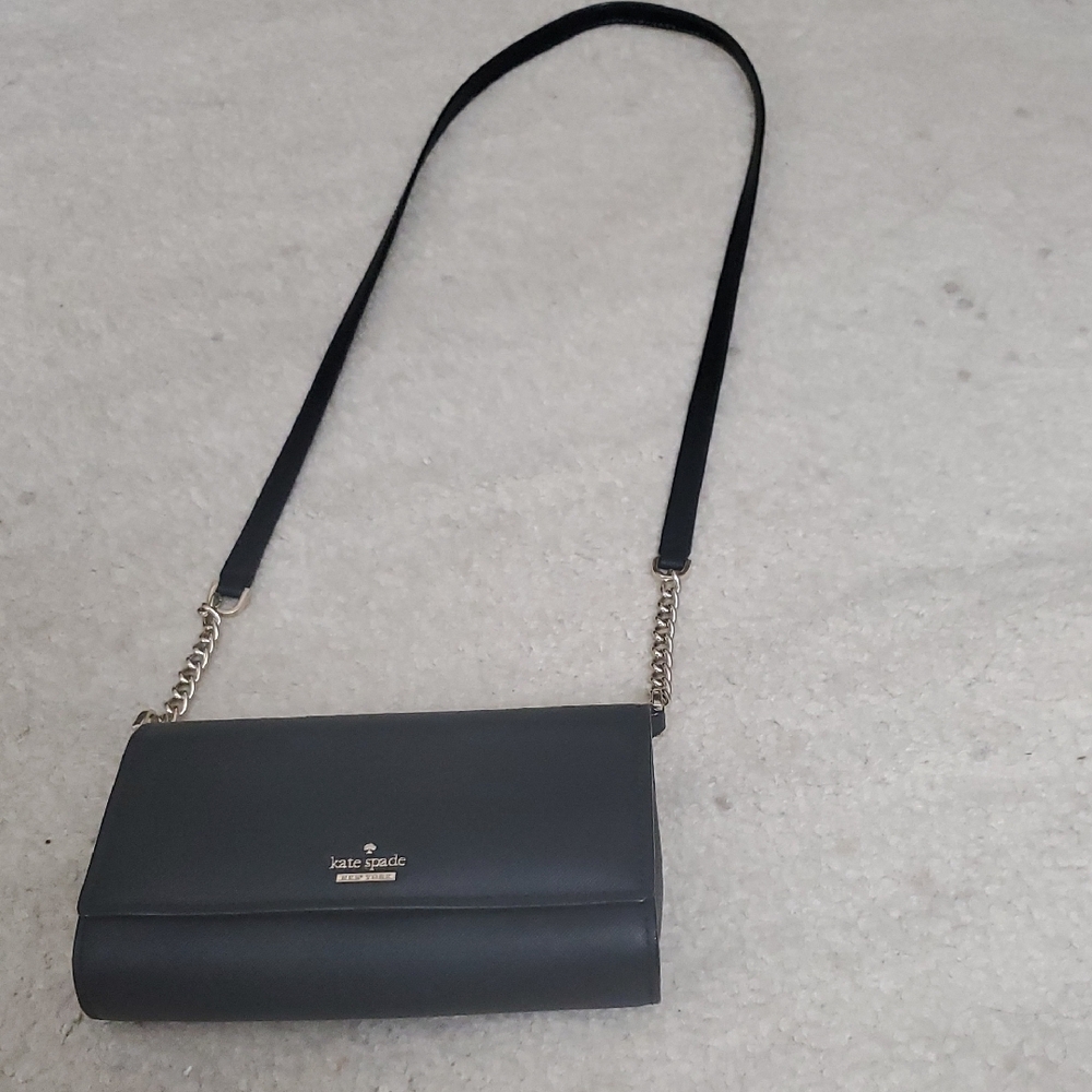kate spade NY Eva Crossbody, Black Pebbled Leather, Chain Accents
